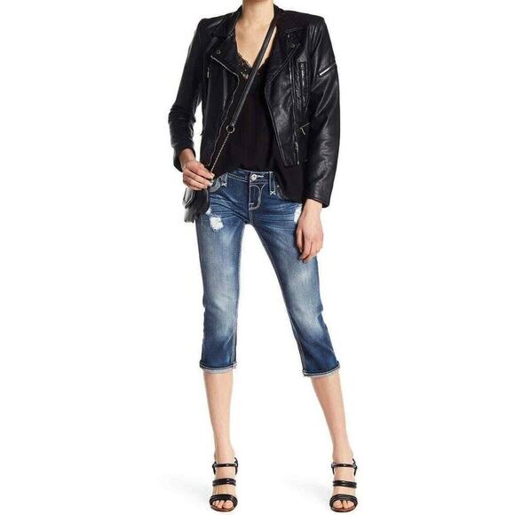 Rock Revival Jeans Womens Size 25 Fleur-De-Lis Distressed Cuffed Capri Med Wash - Picture 1 of 9